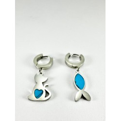 Gümüş Kedi Ve Balık Detaylı Küpe